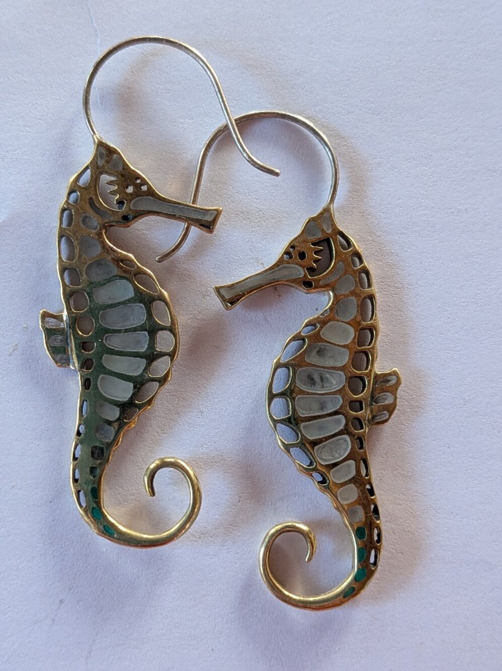 Seahorse Earrings With Gold Metal, Possibly Brass?, Abalone, Statement Earrings!